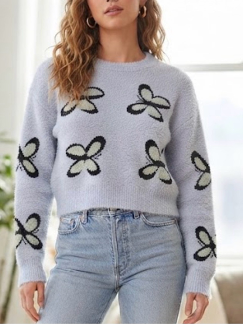 Dreamers by Debut Blue Butterfly Jacquard Knit Fuzzy Crewneck Sweater Size S